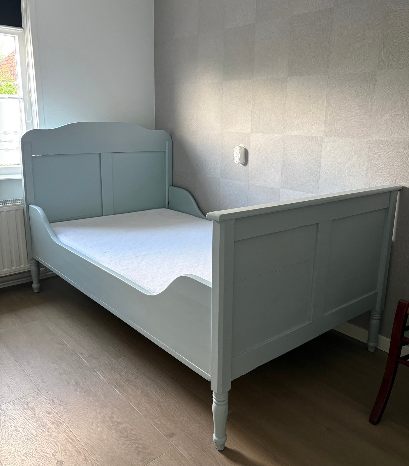 Ledikant licht grijs/blauw, Ophalen, Gebruikt, 180 cm of meer, 100 cm of meer