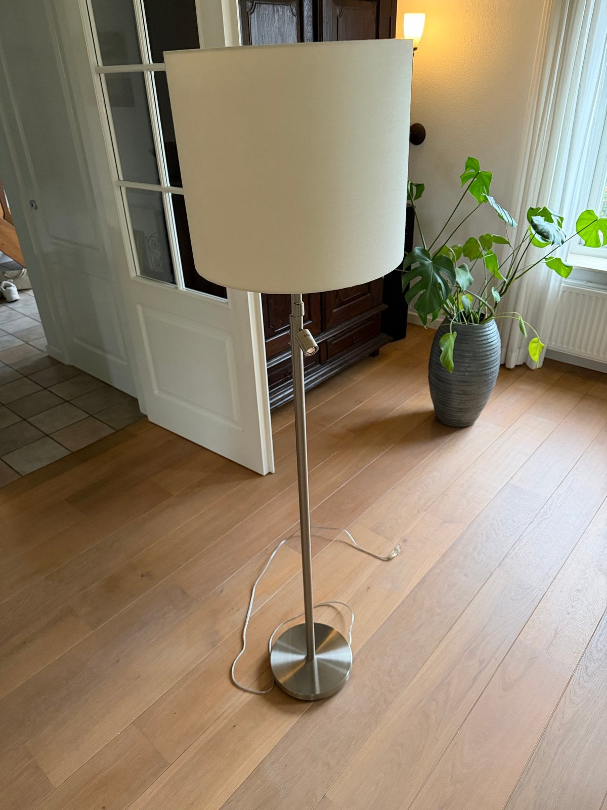 Moderne staande lamp met leeslamp - RVS en textiel, Ophalen, E27 (groot), Zo goed als nieuw, Metaal