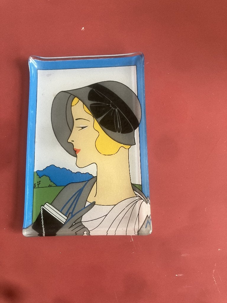 Decoratief glasplaatje met een Art Deco vrouw met een hoed,, Gebruikt, Ophalen of Verzenden, Overige stijlen, Glas