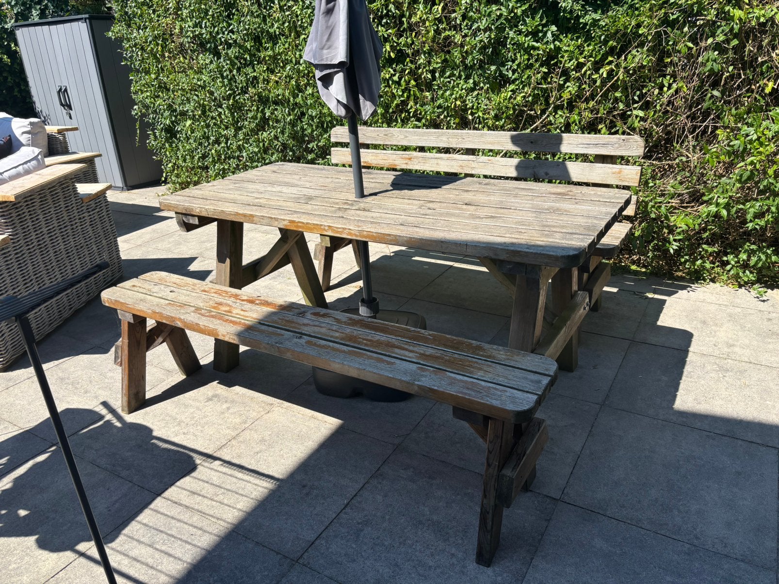Robuuste houten tuineettafel set - opknapper, Ophalen, Gebruikt, Rechthoekig, Hout