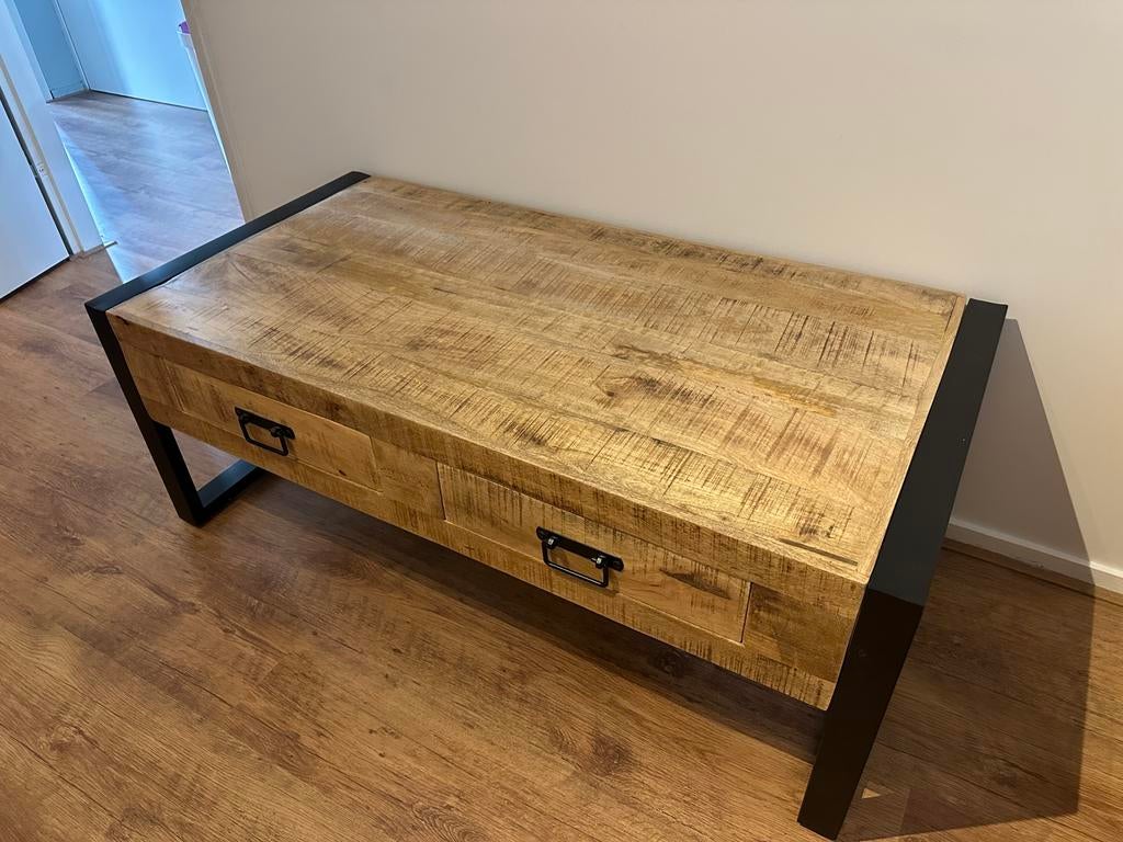 Mangohout Salontafel industrieel nieuw, Ophalen, 100 tot 150 cm, 50 tot 100 cm, Zo goed als nieuw