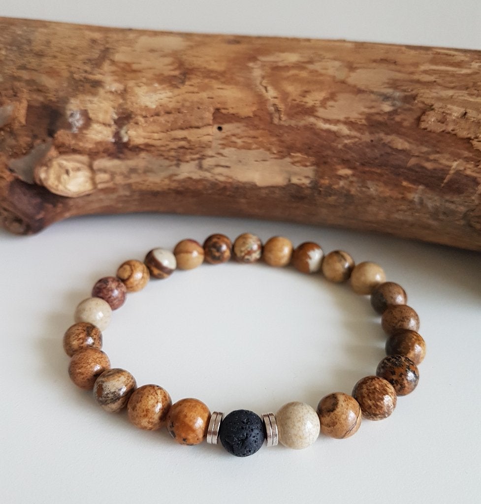 Mannen - Heren Kralen-armband Edelsteen Jaspis Picture., Met bedels of kralen, Verzenden, Beige, Nieuw