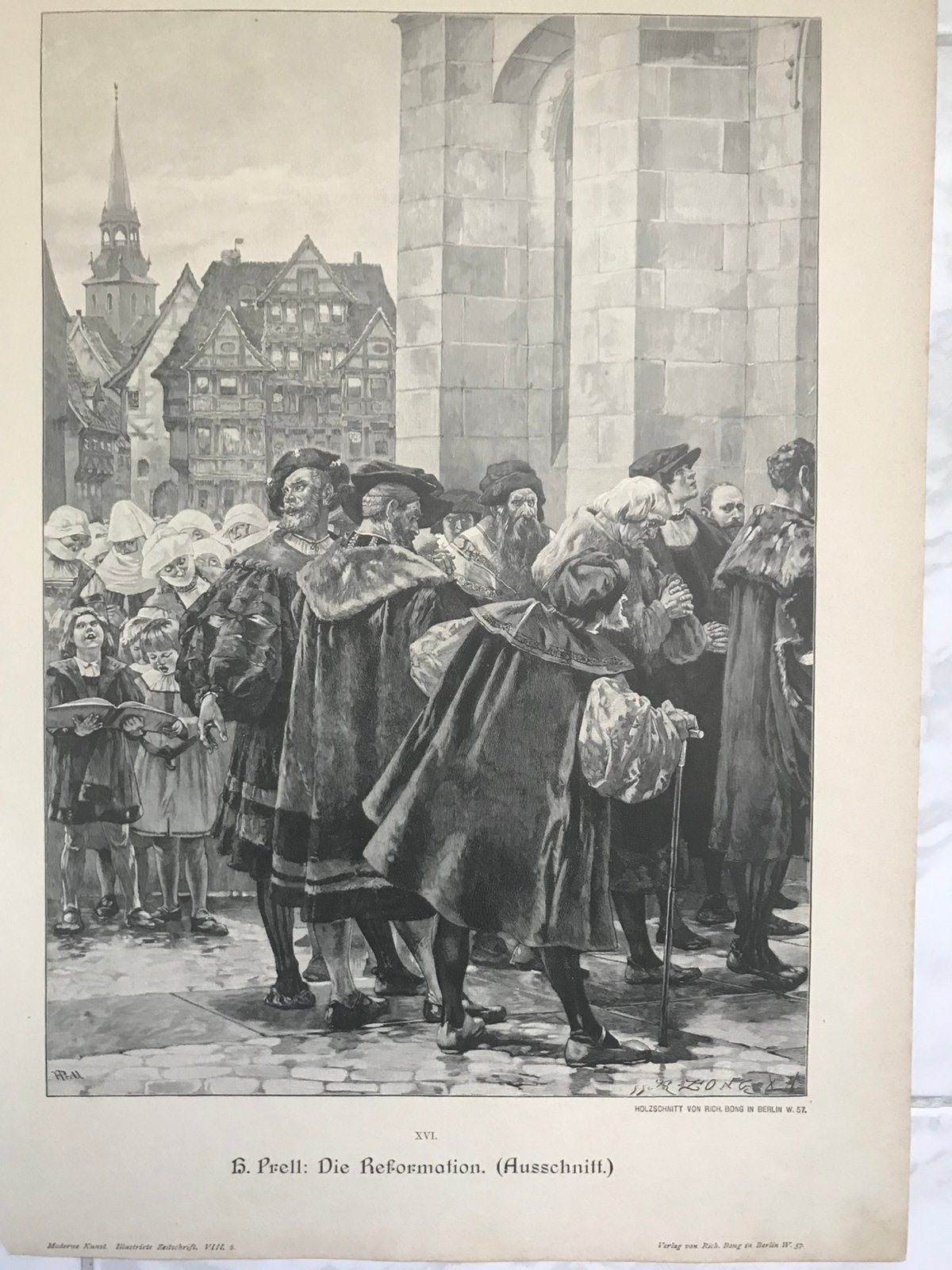 H Prell: Die Reformation, 1887, Hildesheim, gravure 32x23cm., Origineel, 1800 - 1899, Stadsgezicht, 23 cm