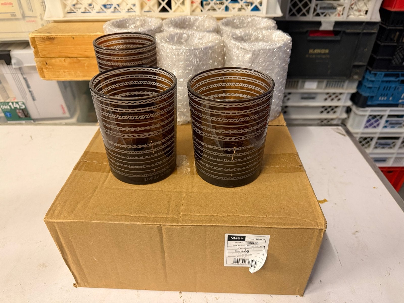 14x partij Riviera Maison Theelichthouder Perla Votive Brown, Ophalen of Verzenden, Nieuw, Bruin, Glas