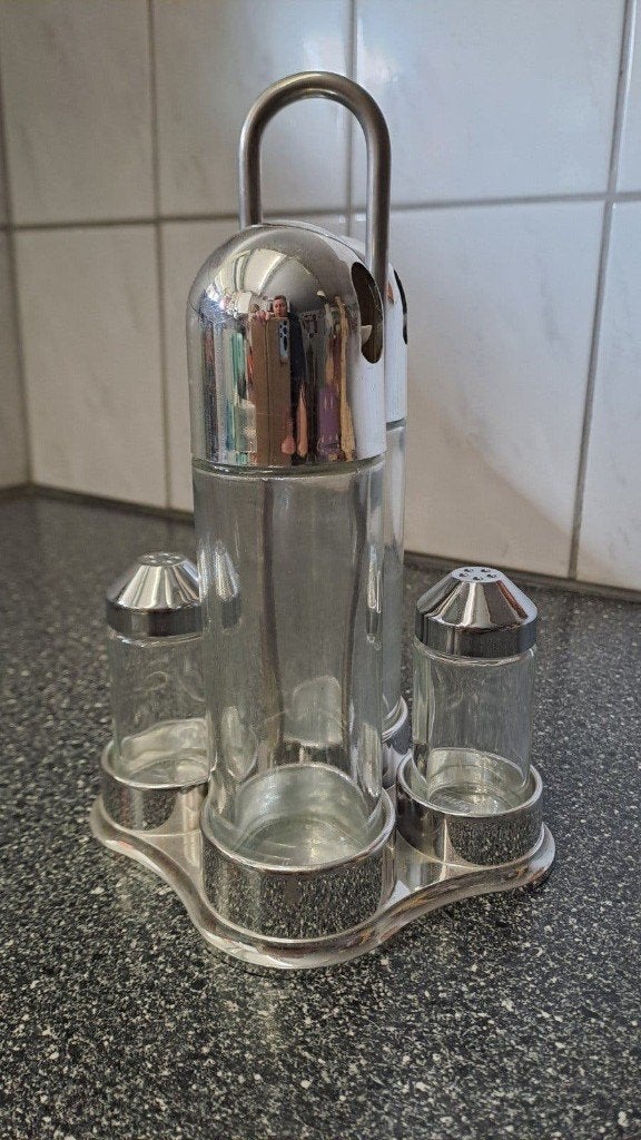 Stoha Design Olie en Azijnstel met Zout- en Pepervaatjes, Gebruikt, Onbekend, Zilver, Ophalen of Verzenden