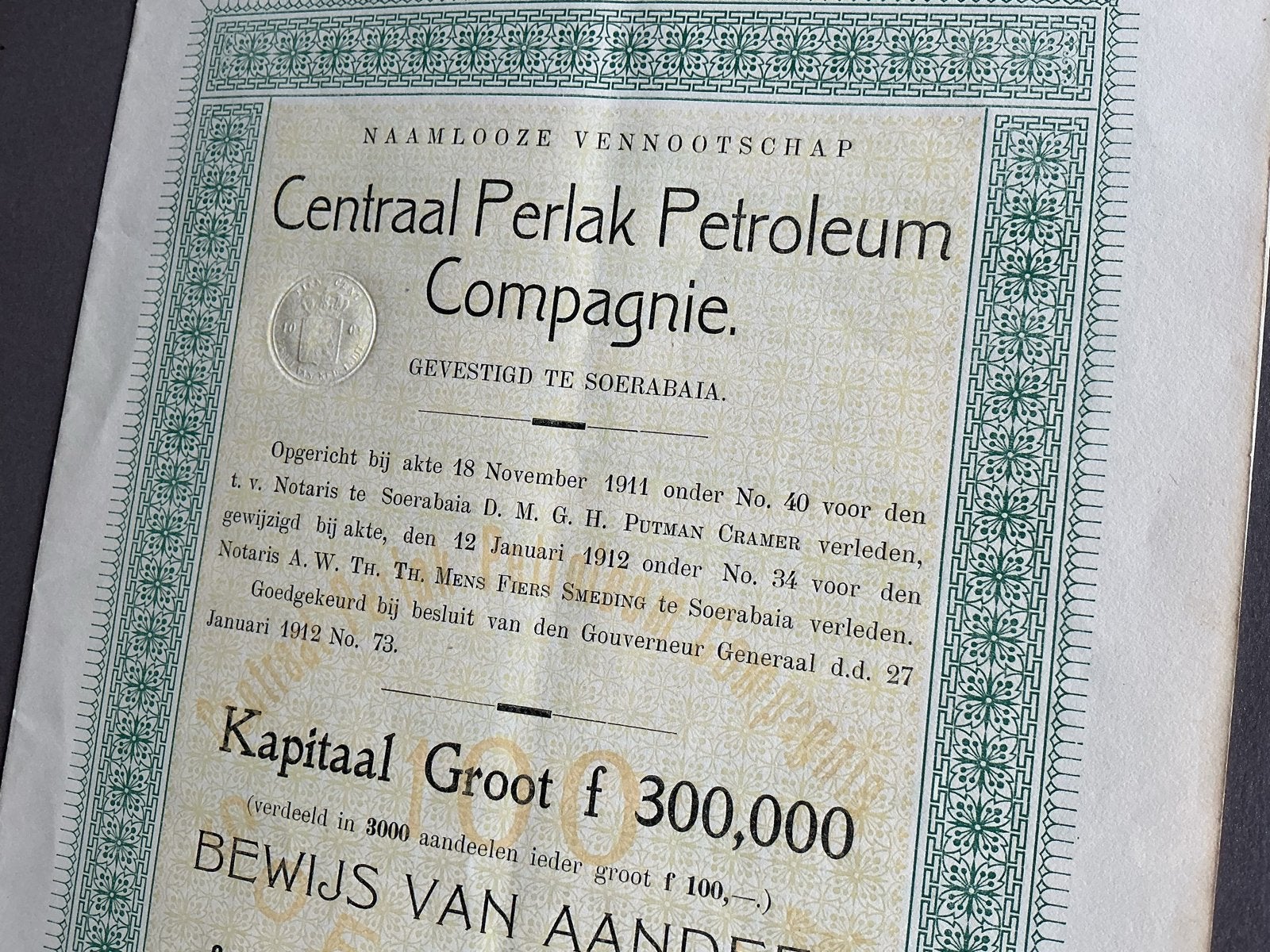 Aandeel Centraal Perlak Petroleum Compagnie 1912, Verzenden, Voor 1920, Aandeel
