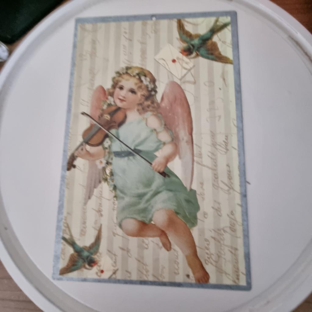 Vintage aluminium plaatje met engel en violist 22x15cm, Ophalen of Verzenden
