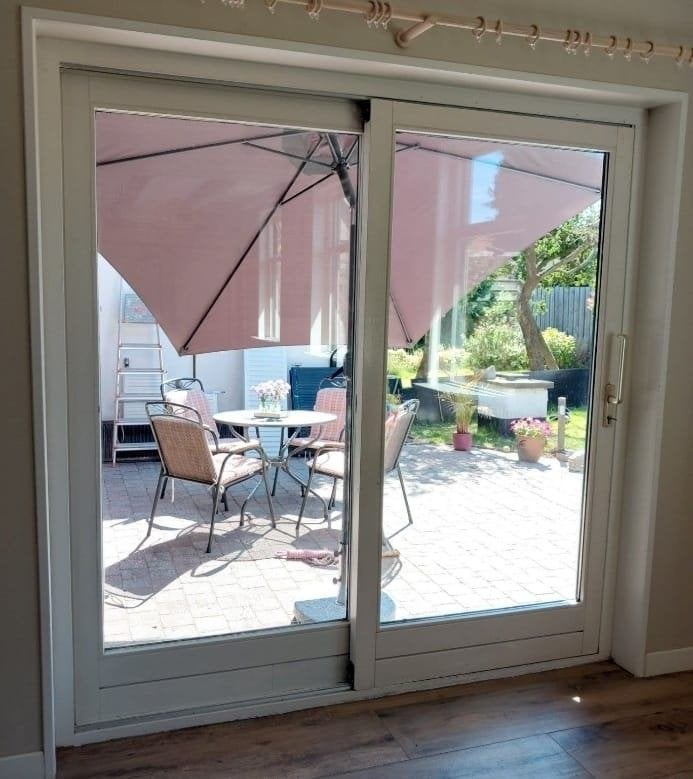 Losse houten schuifdeur met dubbel glas + losse glasplaat, Gebruikt, 150 tot 225 cm, Inclusief glas, Schuifpui