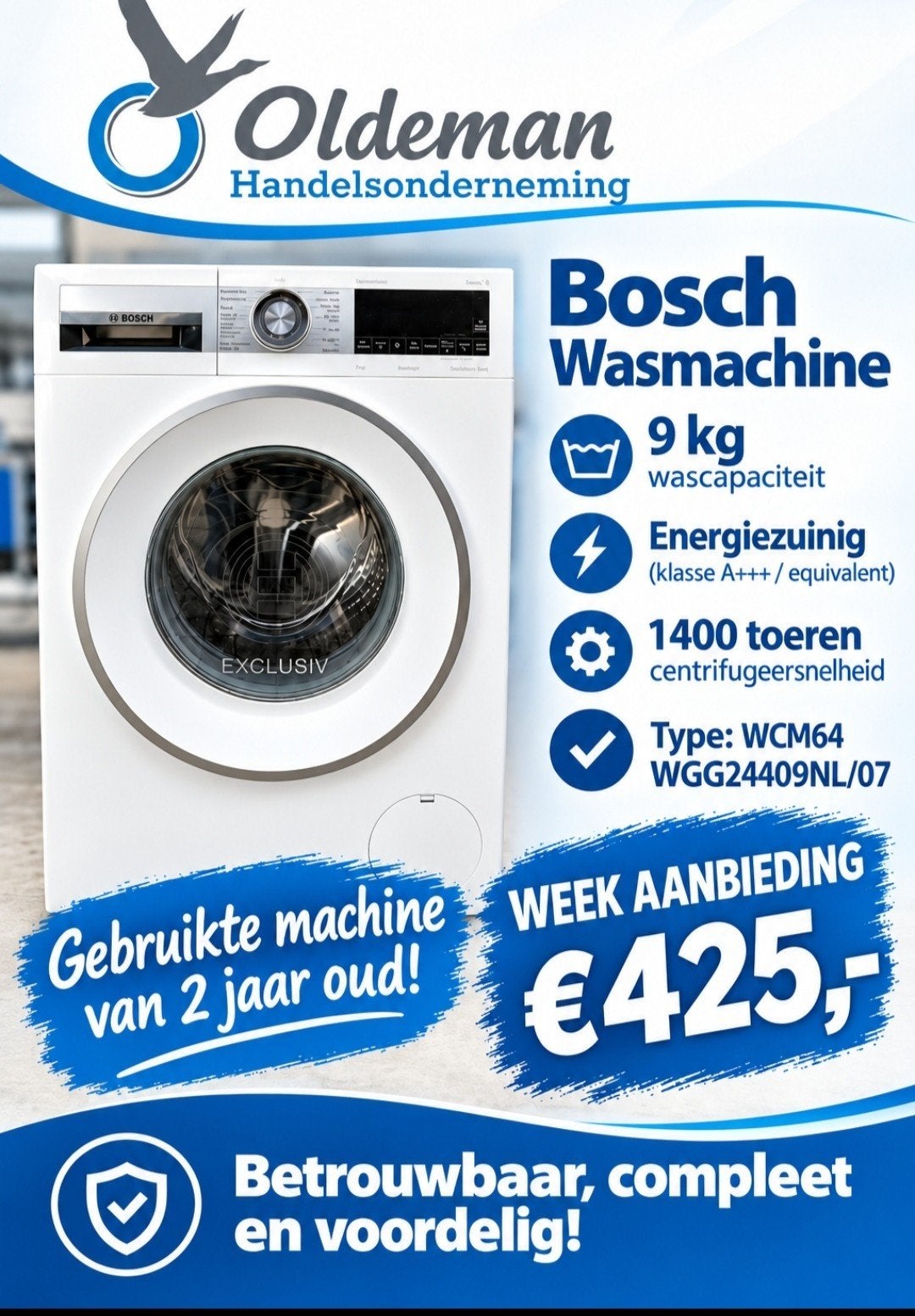 Bosch exclusive  9 kg wasmachine 2 jaar oud ., Ophalen, 1200 tot 1600 toeren, 8 tot 10 kg, Zo goed als nieuw