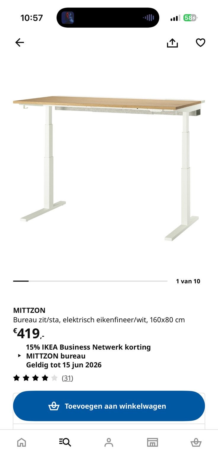Ikea Mittzon Elektrisch Zit/Sta Bureau Eikenfineer, Huis en Inrichting, Bureaus, Ophalen, Elektrisch, Zo goed als nieuw
