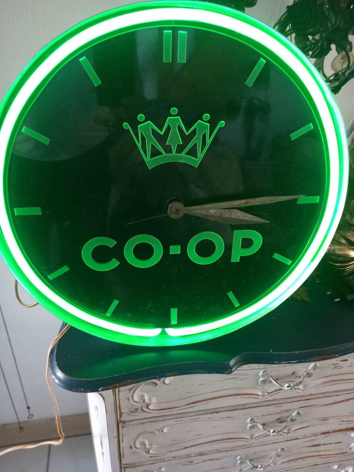 Vintage CO-OP Neon Klok - Groen Lichtreclame, Ophalen of Verzenden
