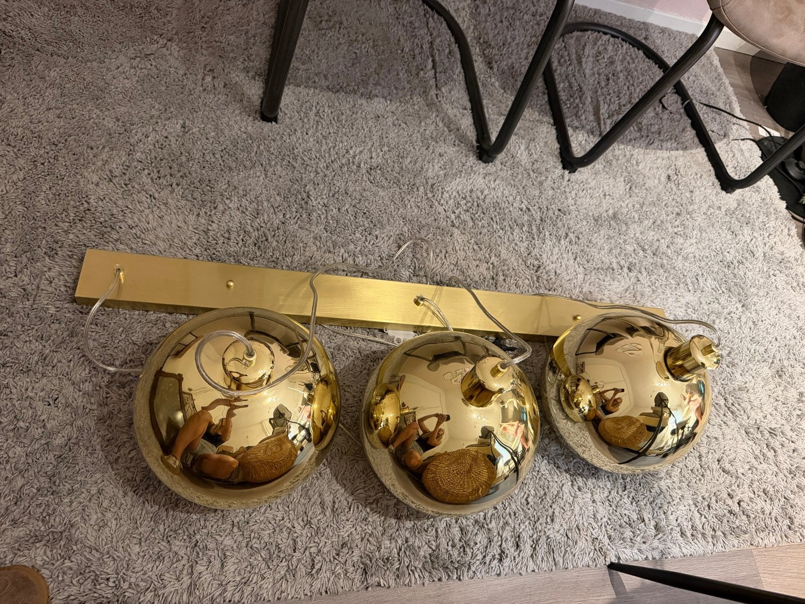Gouden hanglamp met 3 bollen, E27 fitting, Ophalen, Zo goed als nieuw, Metaal, E27 (groot)