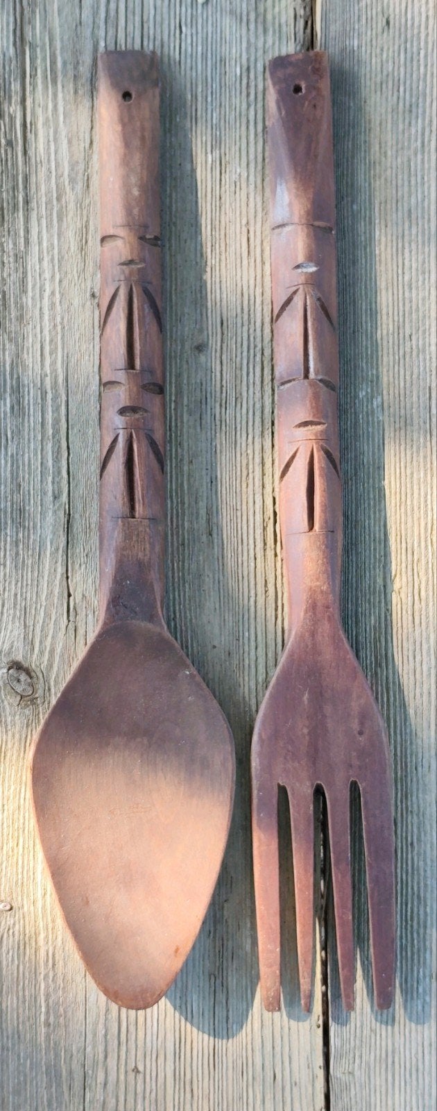 Grote houten lepel en vork set - Handgesneden, Antiek en Kunst, Ophalen of Verzenden
