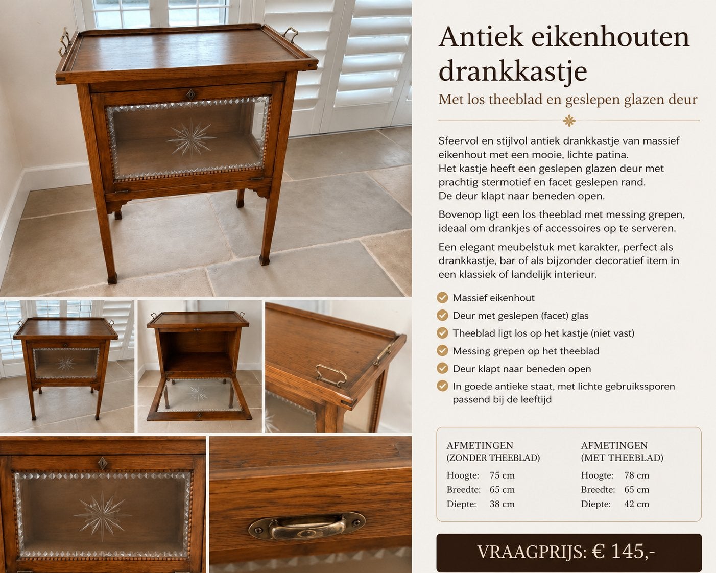 Antiek eiken drankkastje met theeblad en geslepen glas, Ophalen