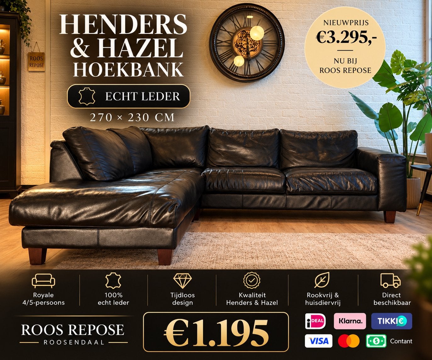 Luxe Henders & Hazel XL Hoekbank | 100% Echt Leer | Zwart, 250 tot 300 cm, Luxe, Hoekbank, Leer