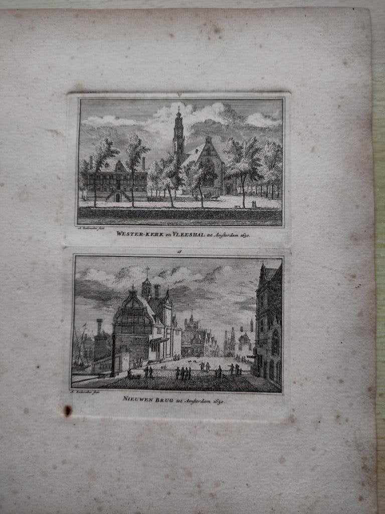 017-018 Amsterdam Westerkerk Nieuwebrug kopergravure dl 3, Antiek en Kunst, Ophalen of Verzenden
