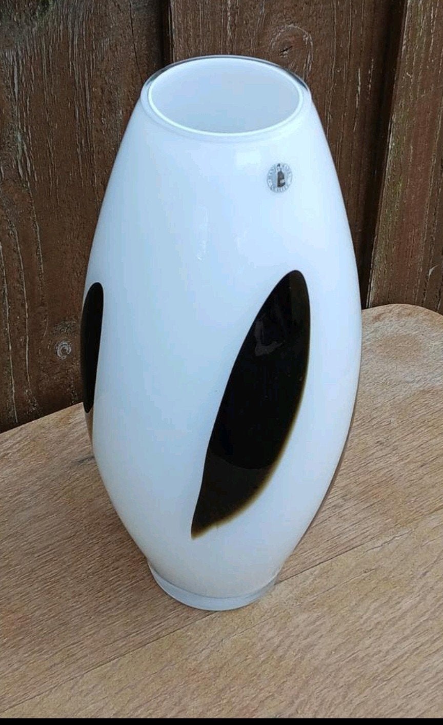 Vintage IKEA Witte Vaas met Zwart Decoratief Ovaal, Ophalen of Verzenden