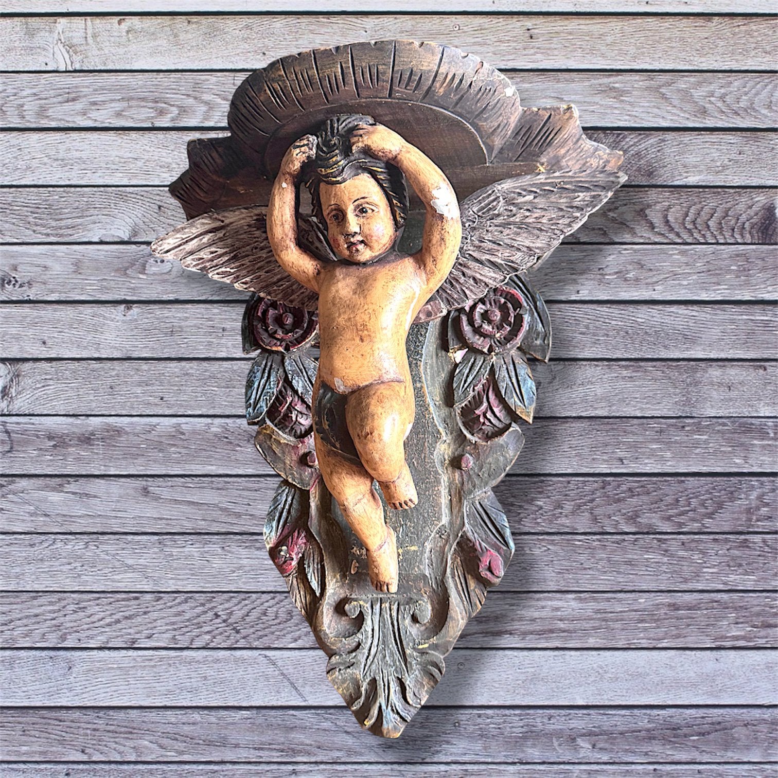 Barok houten muurconsole met engel / putto - 43 cm, Antiek en Kunst, Verzenden