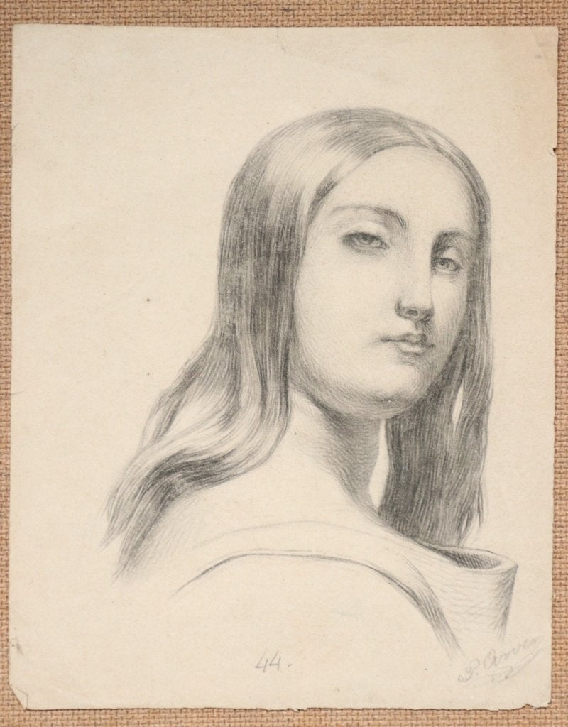 Potloodtekening portret jong meisje - 19e eeuw, gesigneerd, Ophalen, Tekening, Potloodtekening, Gesigneerd