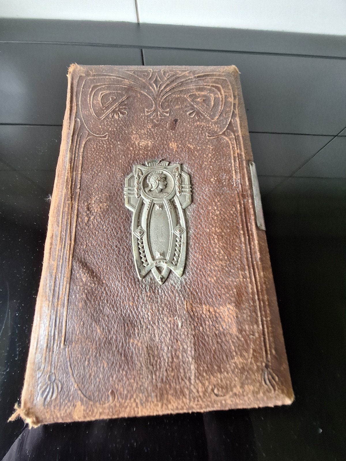 Antiek Art Nouveau Fotoalbum - Bruin Leer met Metaalbeslag, Gebruikt, Plakboek, Overige merken, Bruin
