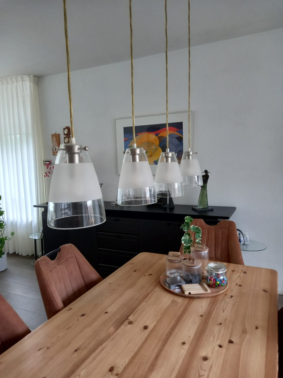 Hanglamp van glas, Huis en Inrichting, Lampen | Hanglampen, Ophalen, Gebruikt, Gedeeltelijk melkglas, E14 (klein)