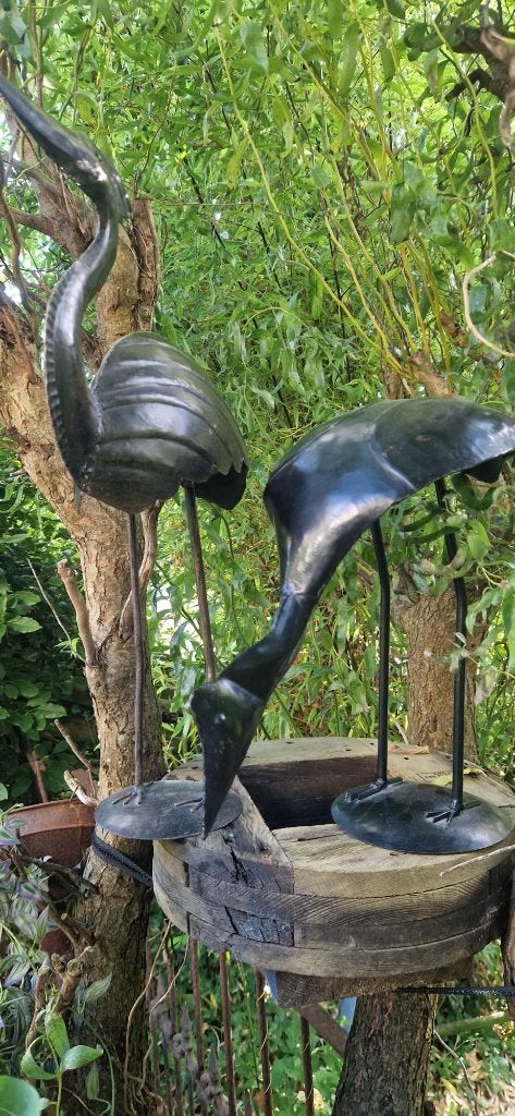 Leuk setje kraanvogels voor tuin decoratie (brocante), Ophalen of Verzenden, Gebruikt, Metaal, Dierenbeeld