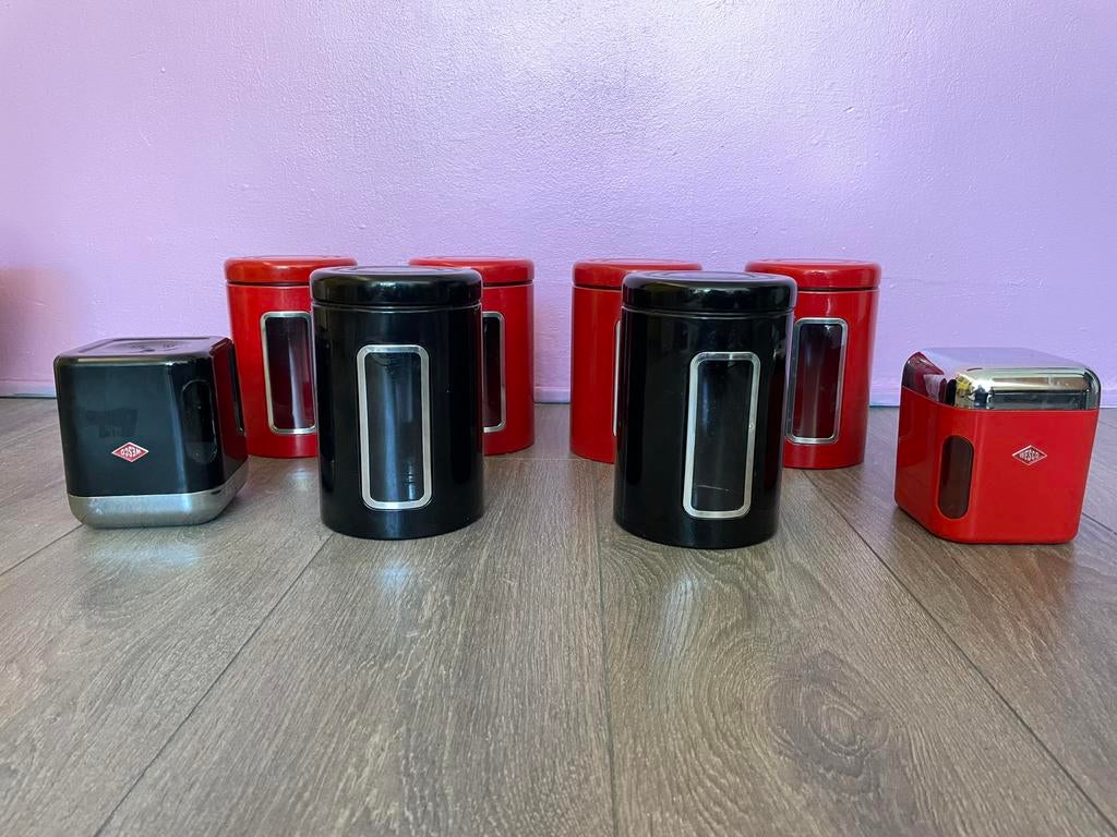 8 Wesco voorraadblikken in rood en zwart, Ophalen of Verzenden, Zo goed als nieuw, Voorraadpot, Metaal