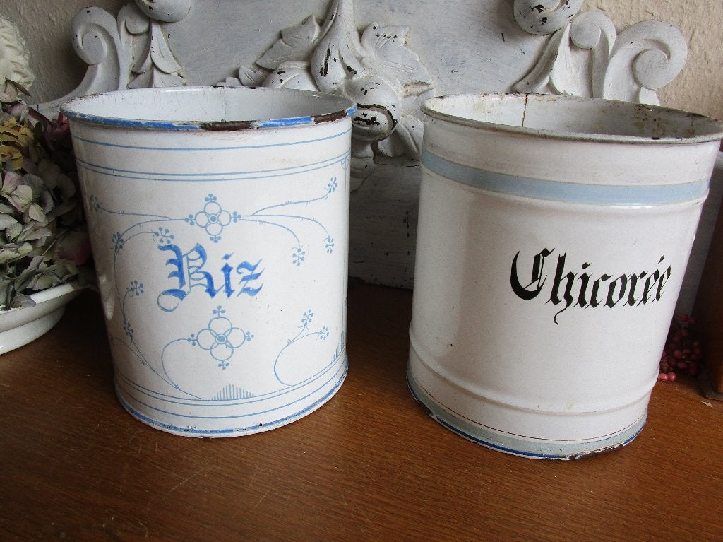 Set van 2 antieke emaille voorraadpotten 'Riz' en 'Chicorée', Ophalen of Verzenden
