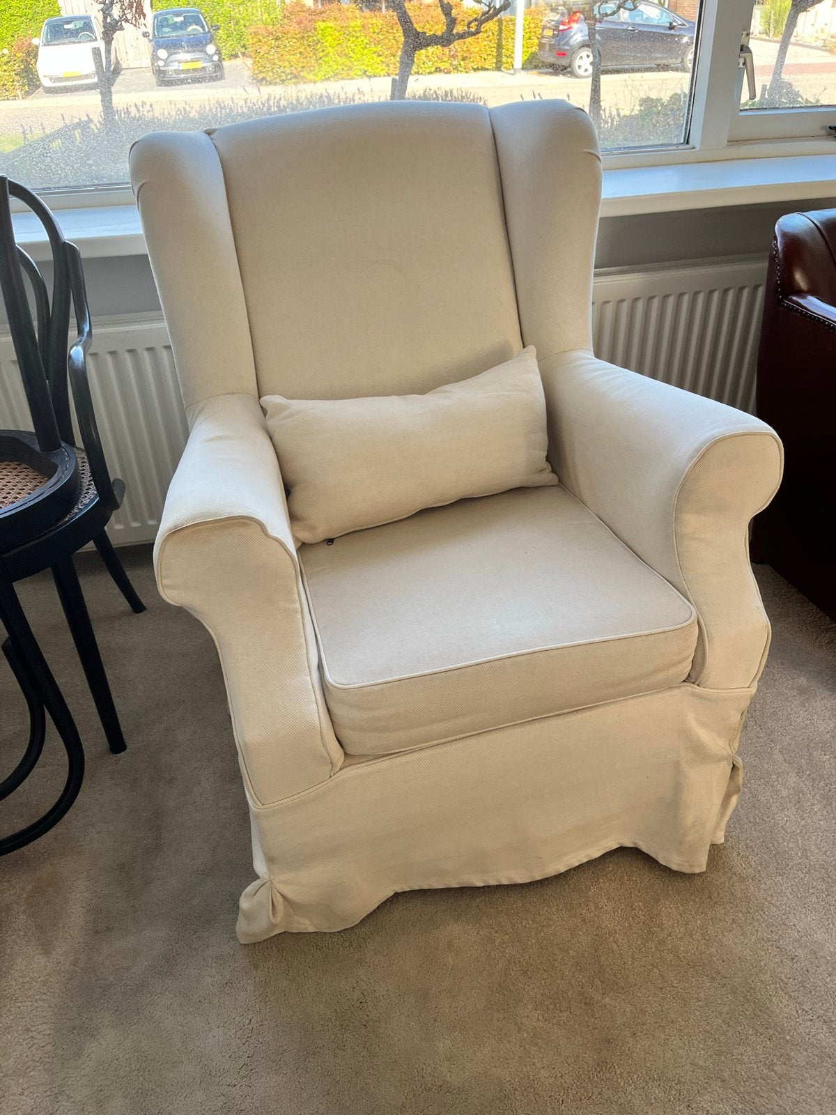 Creme Witte Oren Fauteuil met Kussentje, Ophalen, Gebruikt, Stof, 75 tot 100 cm