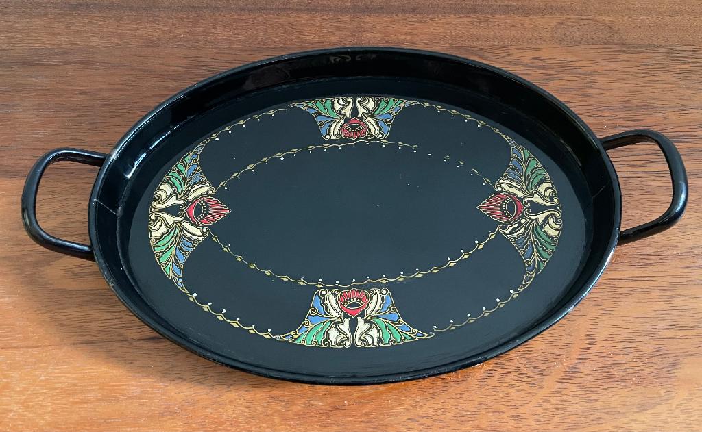 Art Deco black enameled with decoration serving tray, Ophalen of Verzenden