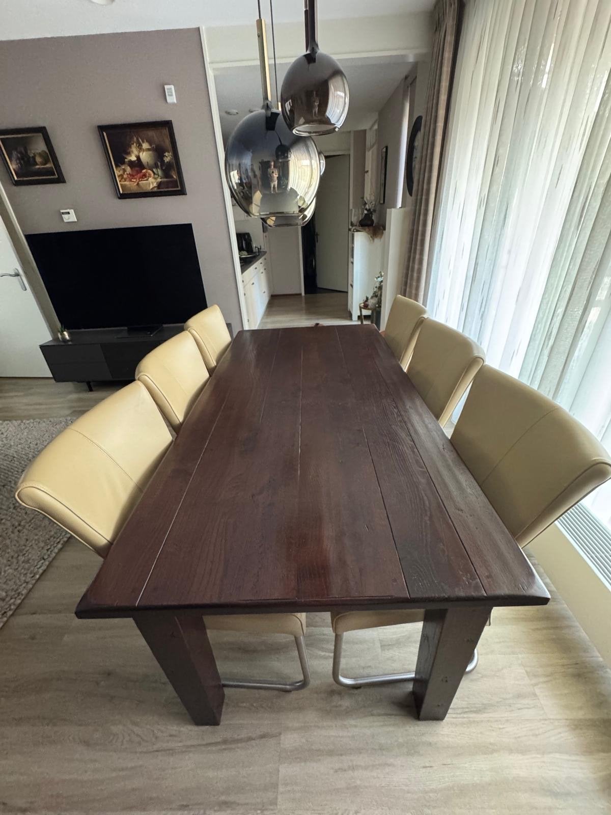Massief eiken eettafel met 6 leren eetkamerstoelen, Huis en Inrichting, Tafels | Eettafels, Ophalen, Gebruikt, Eikenhout, 150 tot 200 cm