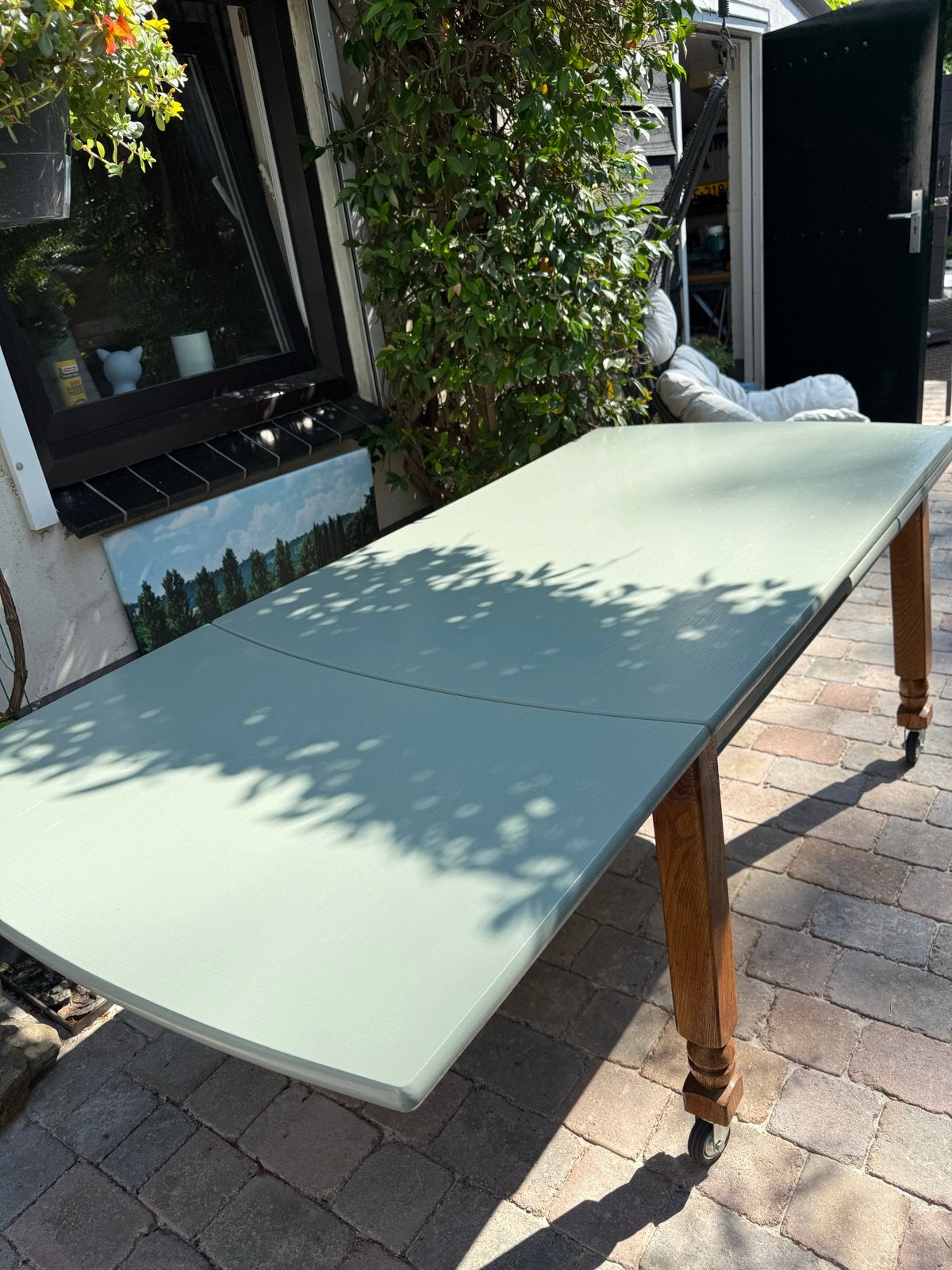 Uitschuifbare Eikenhouten Tafel op Wielen - Mintgroen, Huis en Inrichting, Tafels | Eettafels, Ophalen, Gebruikt, Eikenhout, 200 cm of meer