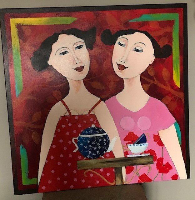 Schilderij "Theetje" 80 x 80 cm Acryl op linnen, Antiek en Kunst, Ophalen