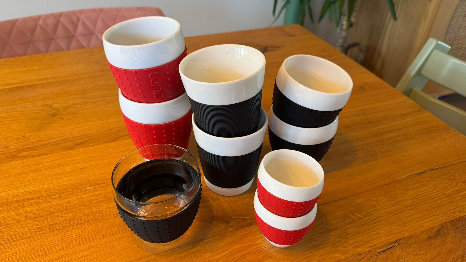 Bodum Canteen/Bistro - 9 bekers & glazen met siliconen grip, Huis en Inrichting, Overige merken, Ophalen of Verzenden, Zo goed als nieuw