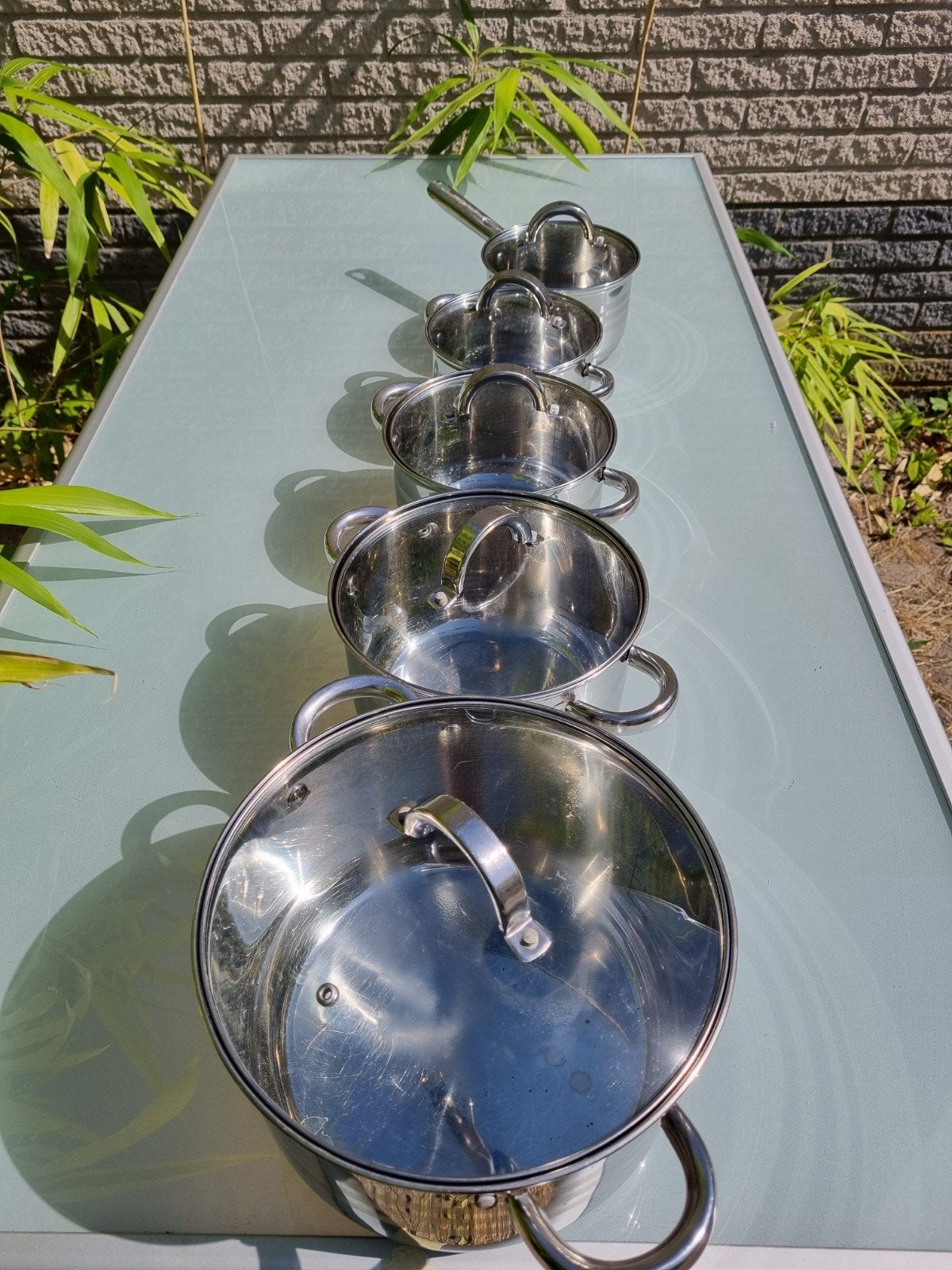Pannenset glazen deksel, Huis en Inrichting, Keuken | Potten en Pannen, Ophalen, Gebruikt, Pannenset, Rvs