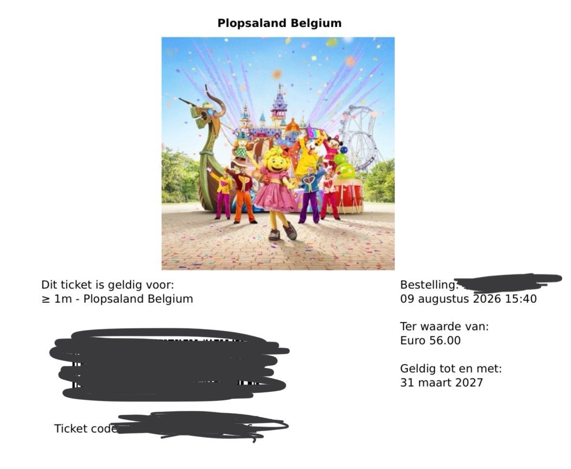 1 ticket Plopsaland de Panne, Eén persoon, Ticket of Toegangskaart