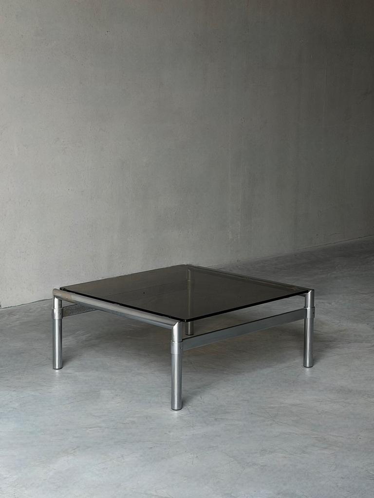 Vintage design salontafel jaren 80 – glas & chroom, Minder dan 55 cm, Vierkant, Ophalen, 45 tot 60 cm