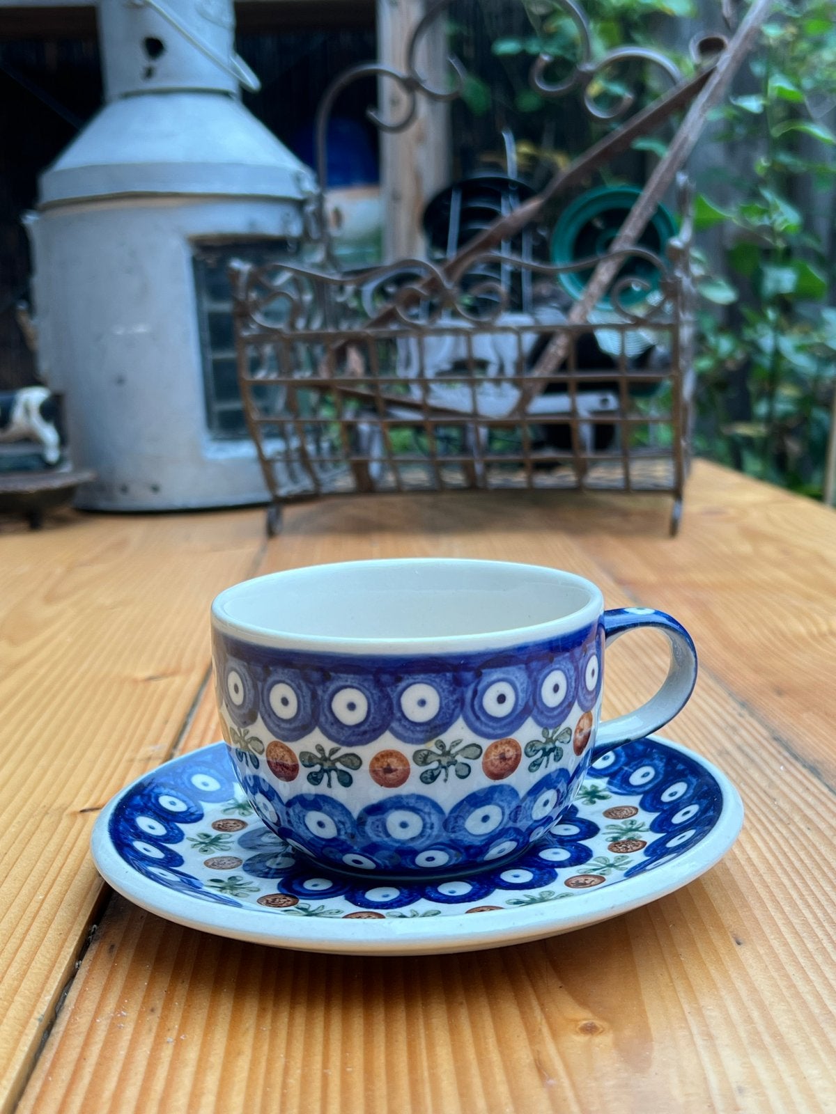 Bunzlau Keramiek Kop en Schotel - brocante Vintage Patroon, Huis en Inrichting, Overige merken, Keramiek, Vintage, Ophalen of Verzenden
