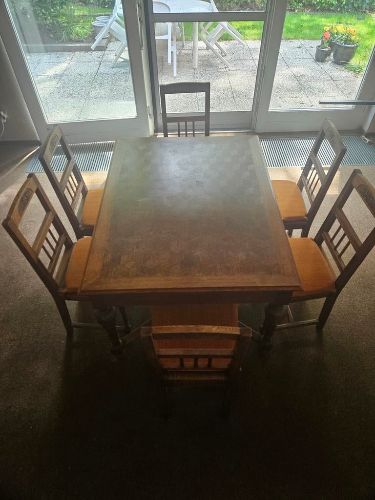 Antieke eettafel met 6 stoelen - massief hout, Ophalen