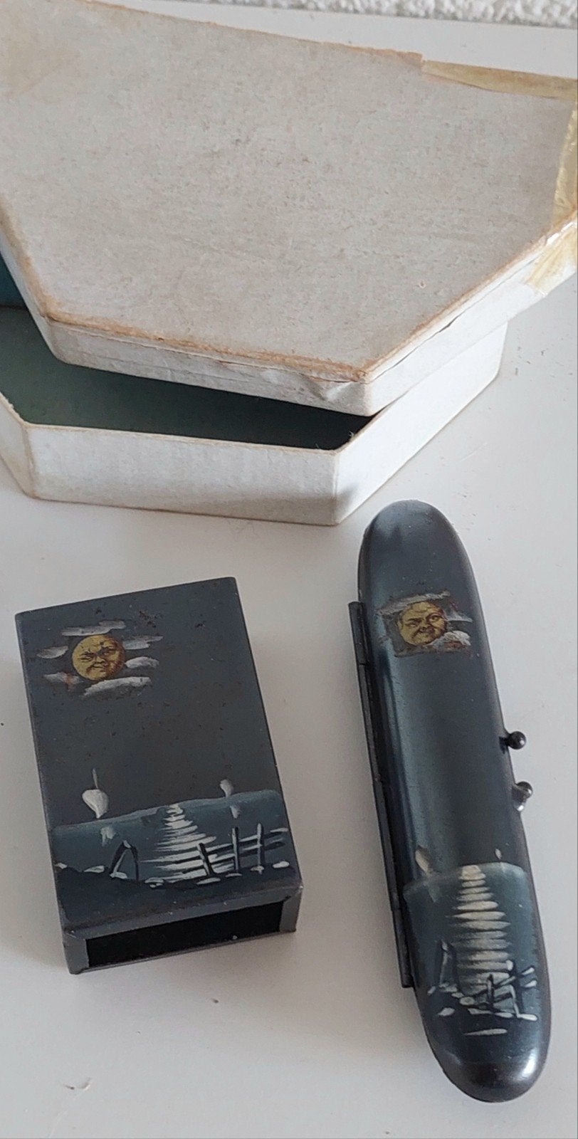 Vintage sigaarkoker & luciferdooshouder - Maan gezicht, Ophalen of Verzenden