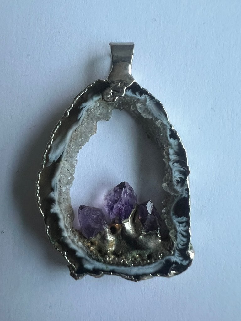 Agaat open hanger met 3 Amethist stenen, zilverkleur, Ophalen of Verzenden, Mineraal