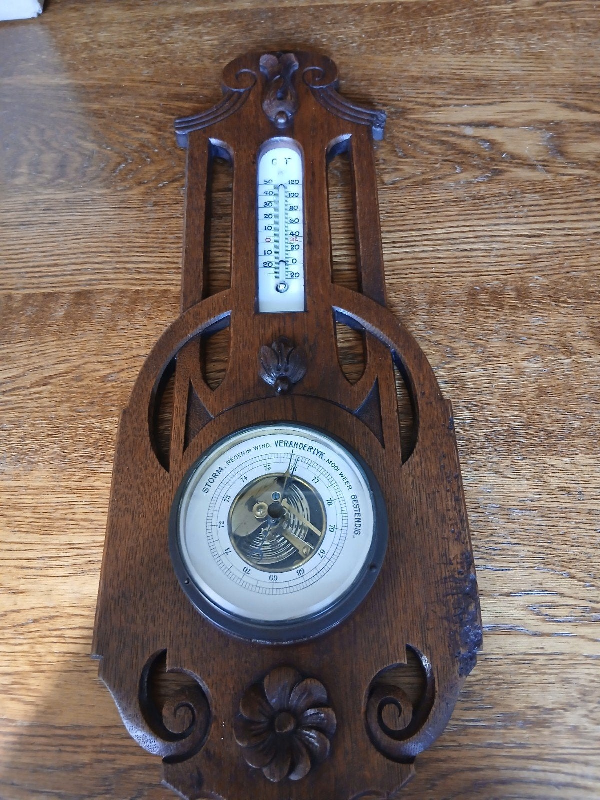 Antieke Vintage Barometer met werkende thermometer, Gebruikt, Ophalen of Verzenden, Bruin, Vintage