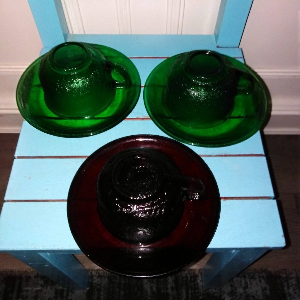 Arcoroc Sierra kop en schotels: 2x groen, 1x rood, Ophalen, Gebruikt, Glas, Overige stijlen