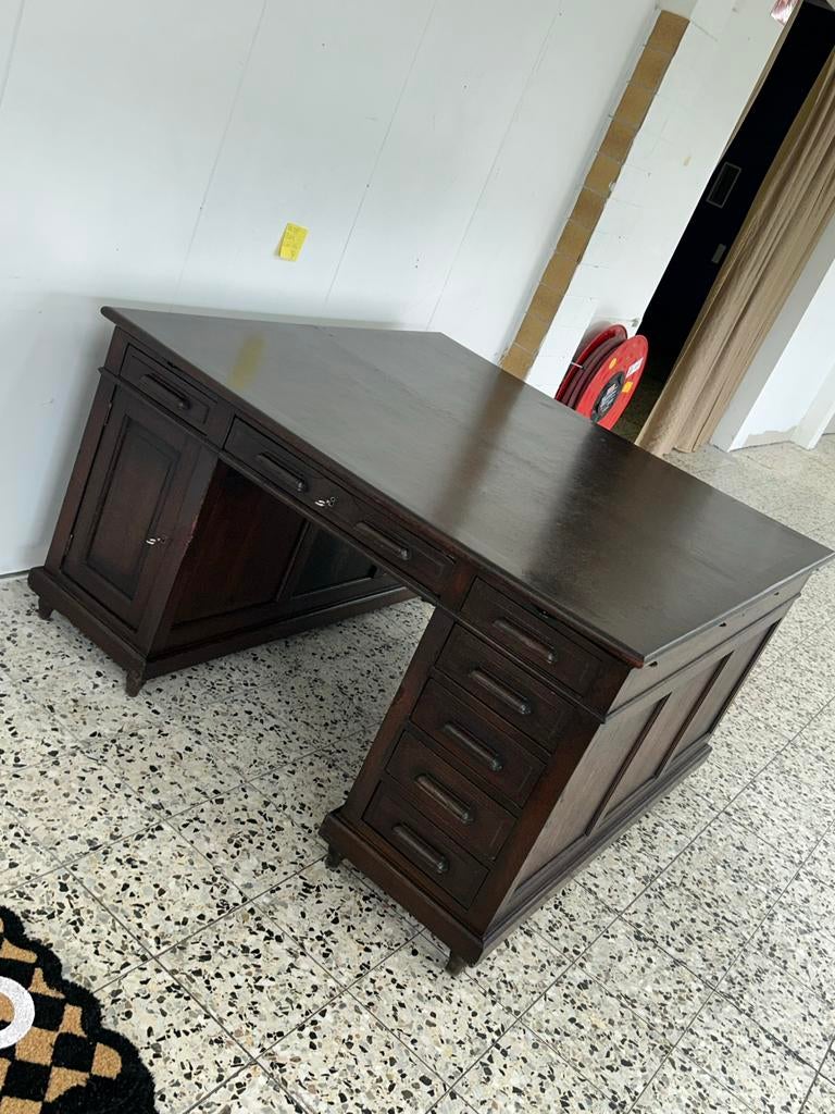 Klassiek houten bureau 140x140x80cm met lades, Ophalen, Overige typen, Bruin, Zo goed als nieuw
