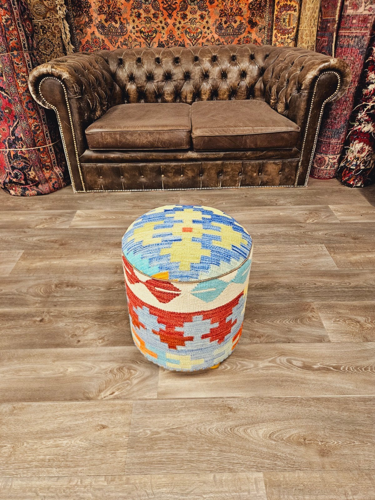 Handgemaakte Afghaanse Kelim poef. Prachtige kleuren!, Afghaans, Minder dan 50 cm, Rond, Nieuw