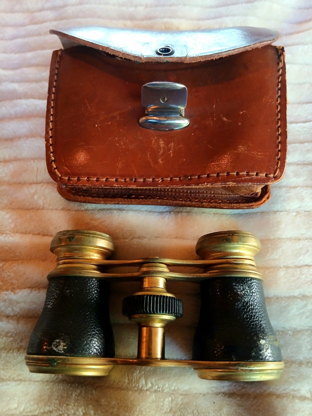 Antieke Messing Toneelkijker / Operakijker met Leren Etui (c, Ophalen of Verzenden