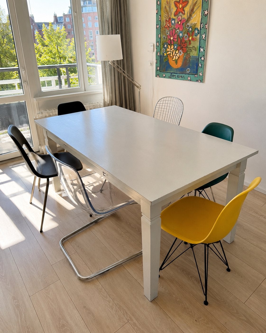 Mooie houten tafel met zes hippe stoelen (180x100cm) (Eames), Ophalen, Gebruikt, Vijf personen of meer, 150 tot 200 cm
