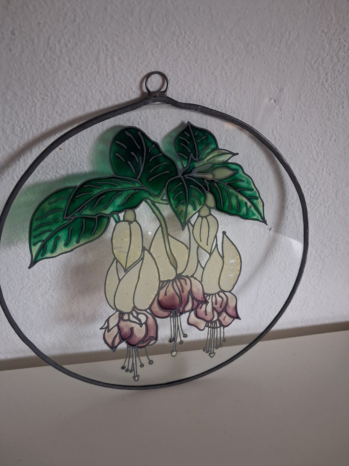 ANTIEK ROND OP GLAS GESCHILDERD BLOEMEN SCHILDERIJTJE, Huis en Inrichting, Woonaccessoires | Schilderijen, Tekeningen en Foto's