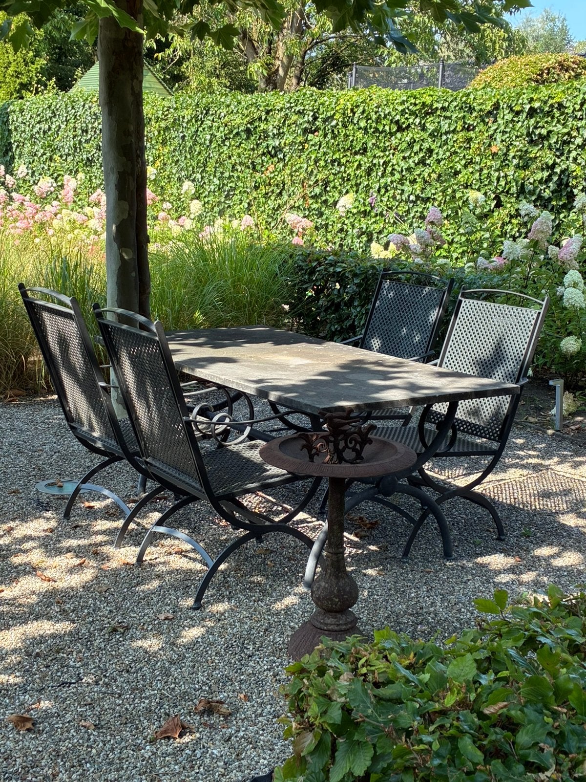 Tuinset tafel met stenen blad ijzeren onderstel, Ophalen, Gebruikt, Tuinset, Overige materialen