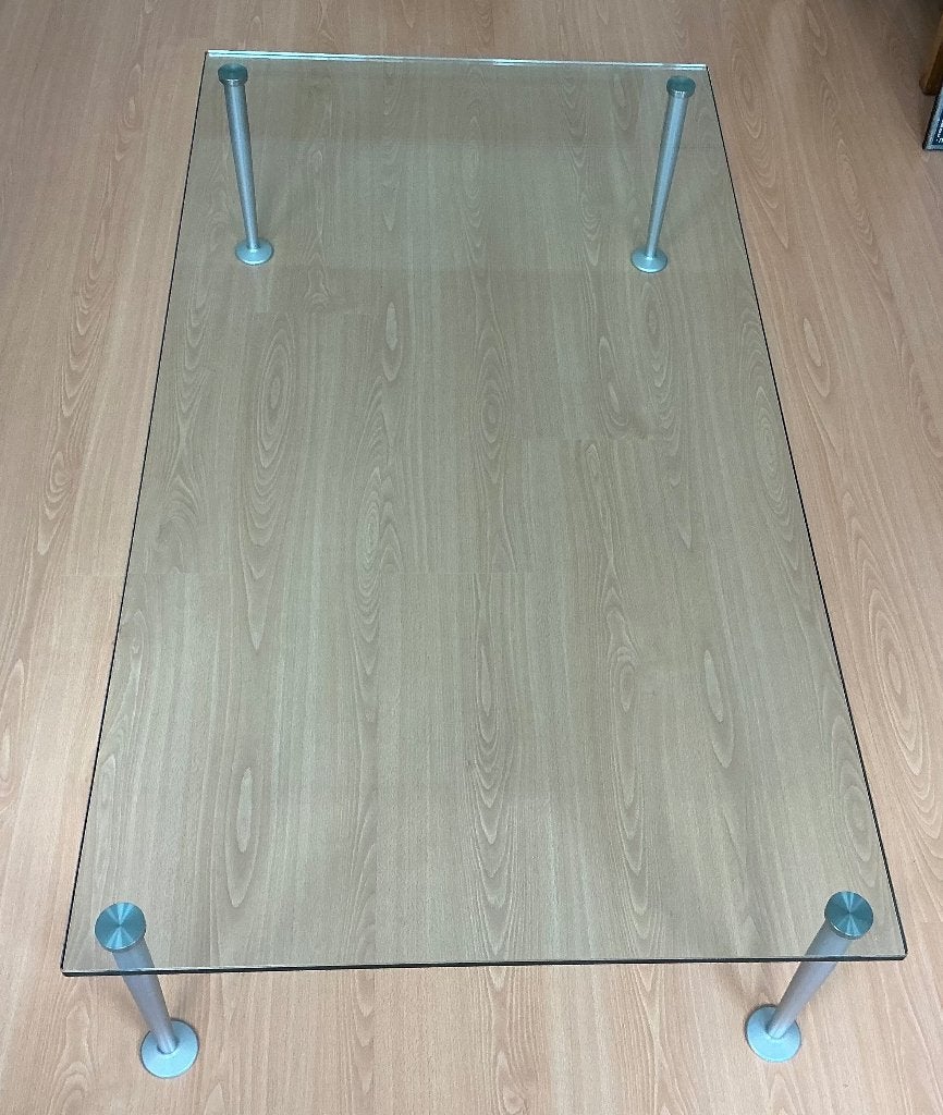 Salontafel / tafel Glas met metalen pootjes, Ophalen, Gebruikt, 100 tot 150 cm, 50 tot 100 cm